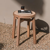 Wooden Stool CARAMIN made of Trembesi with a Seating Surface from Woven Rattan